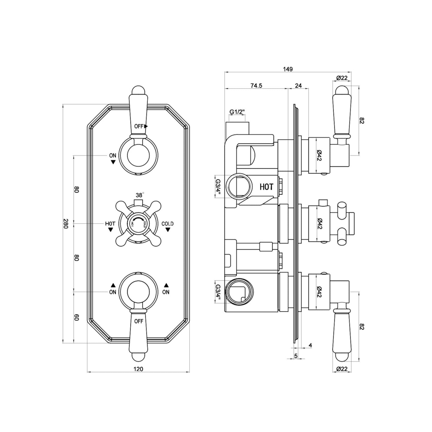 Regent Traditional Crosshead And White Lever Concealed Thermostatic Shower Set Incl. Triple Diverter Valve, Wall Fixed 8" Shower Head, Slider Rail Kit, Bath Filler Waste with Overflow - Antique Brass (3 Outlet)