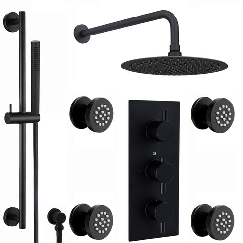 Buy Naples Contemporary Round Concealed Thermostatic Shower Set Incl. Triple Diverter Valve, Wall Fixed 8" Shower Head, Slider Rail Kit, 4 Body Jets - Black (3 Outlet) online UK