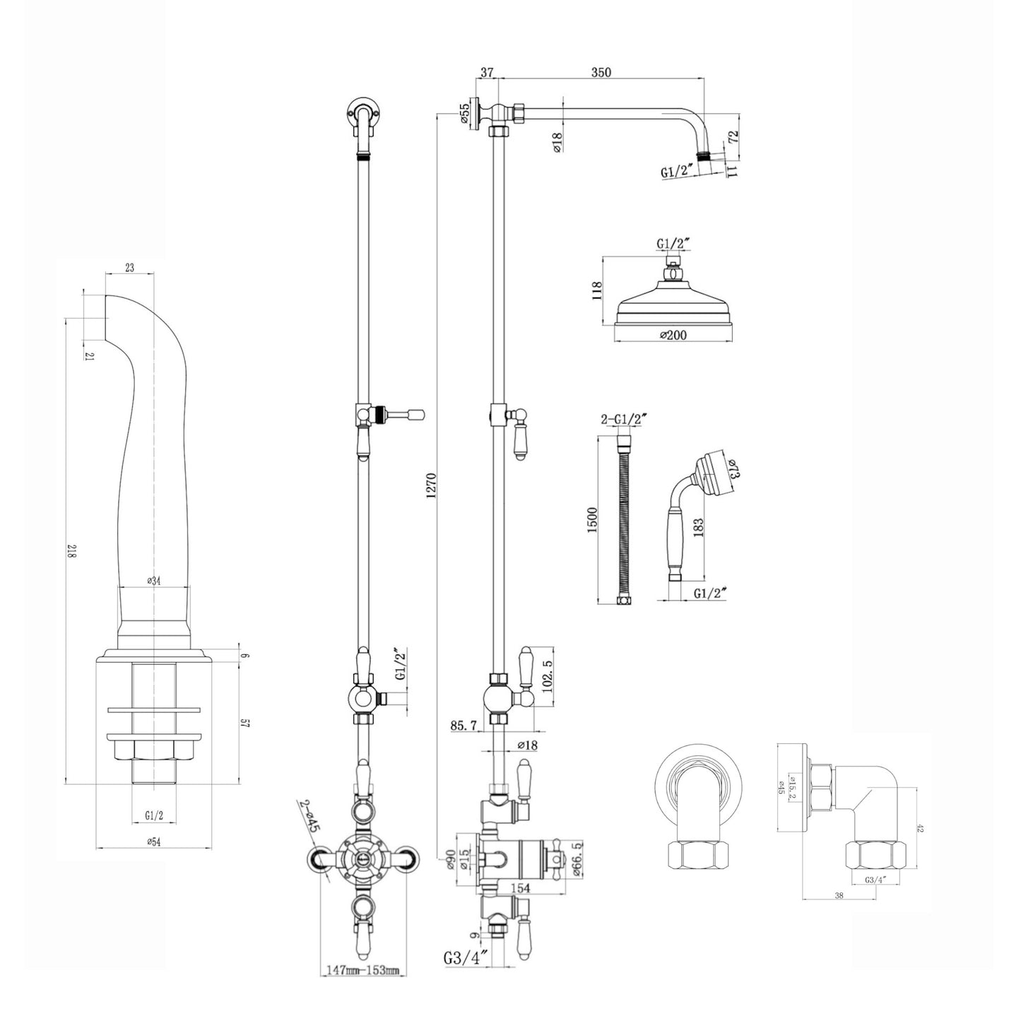 Downton Exposed Traditional Thermostatic Shower Set 3 Outlet, Incl. Triple Shower Valve, Rigid Riser Rail, 200mm Shower Head, Handset & Bath Filler - English Gold And White
