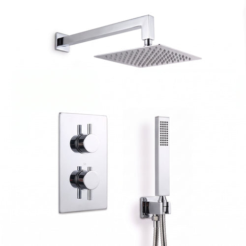 Naples Square Concealed Thermostatic Shower Set Incl. Twin Valve, Wall Fixed 8" Shower Head, Handset Kit - Chrome (2 Outlet)