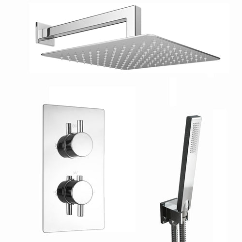 Buy Naples Square Concealed Thermostatic Shower Set Incl. Twin Valve, Wall Fixed 8" Shower Head, Handset Kit - Chrome (2 Outlet) online UK