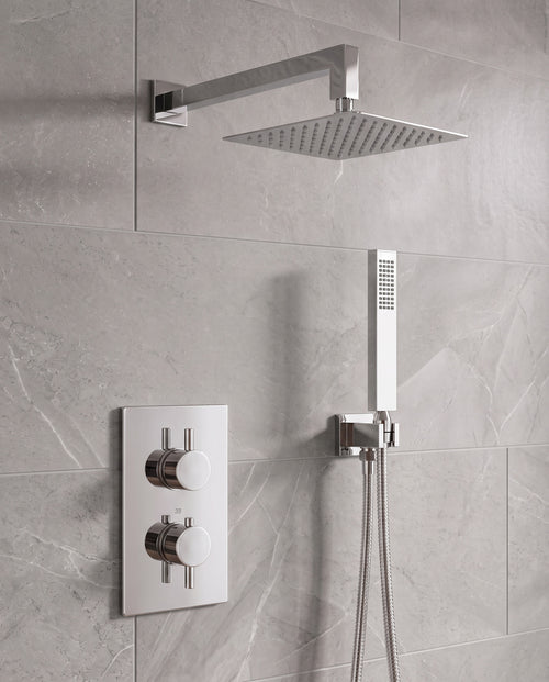 Naples Square Concealed Thermostatic Shower Set Incl. Twin Valve, Wall Fixed 8" Shower Head, Handset Kit - Chrome (2 Outlet)