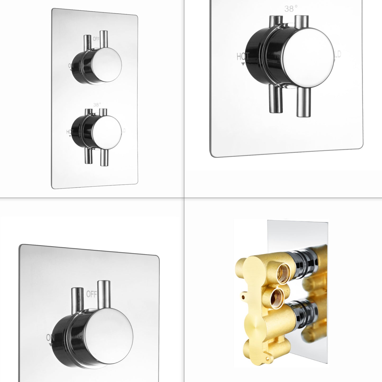 Naples Square Concealed Thermostatic Shower Set Incl. Twin Valve, Wall Fixed 8" Shower Head, Handset Kit - Chrome (2 Outlet)