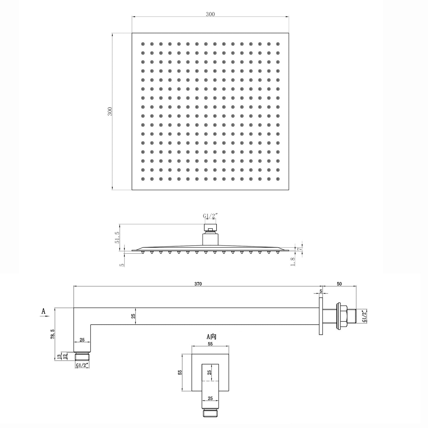 Naples Square Concealed Thermostatic Shower Set Incl. Twin Valve, Wall Fixed 8" Shower Head, Handset Kit - Chrome (2 Outlet)