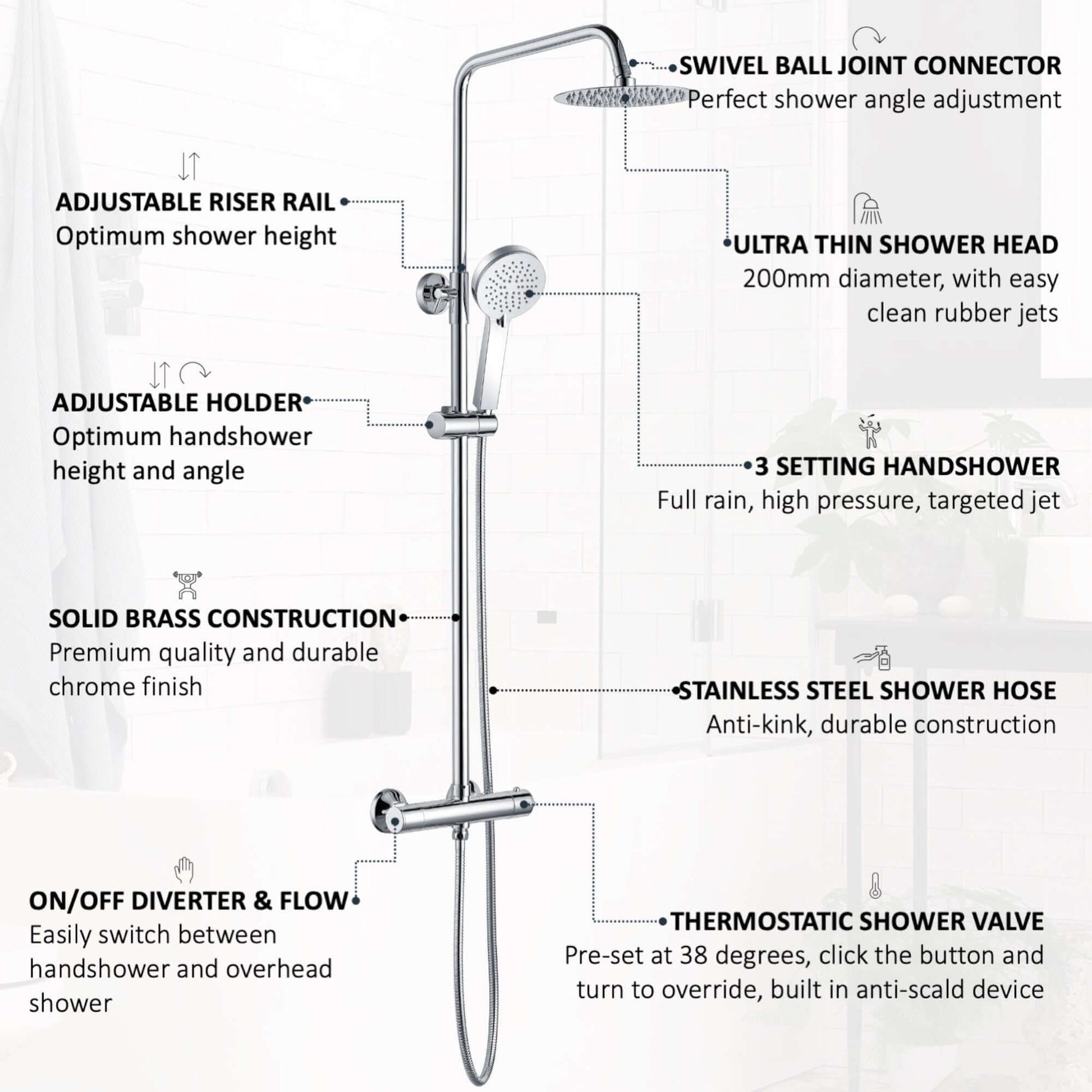 Buy Dune round thermostatic shower set 200mm head & handheld - chrome Online UK | HOUSE OF ENKI