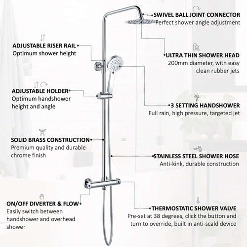 Buy Dune round thermostatic shower set 200mm head & handheld - chrome online UK