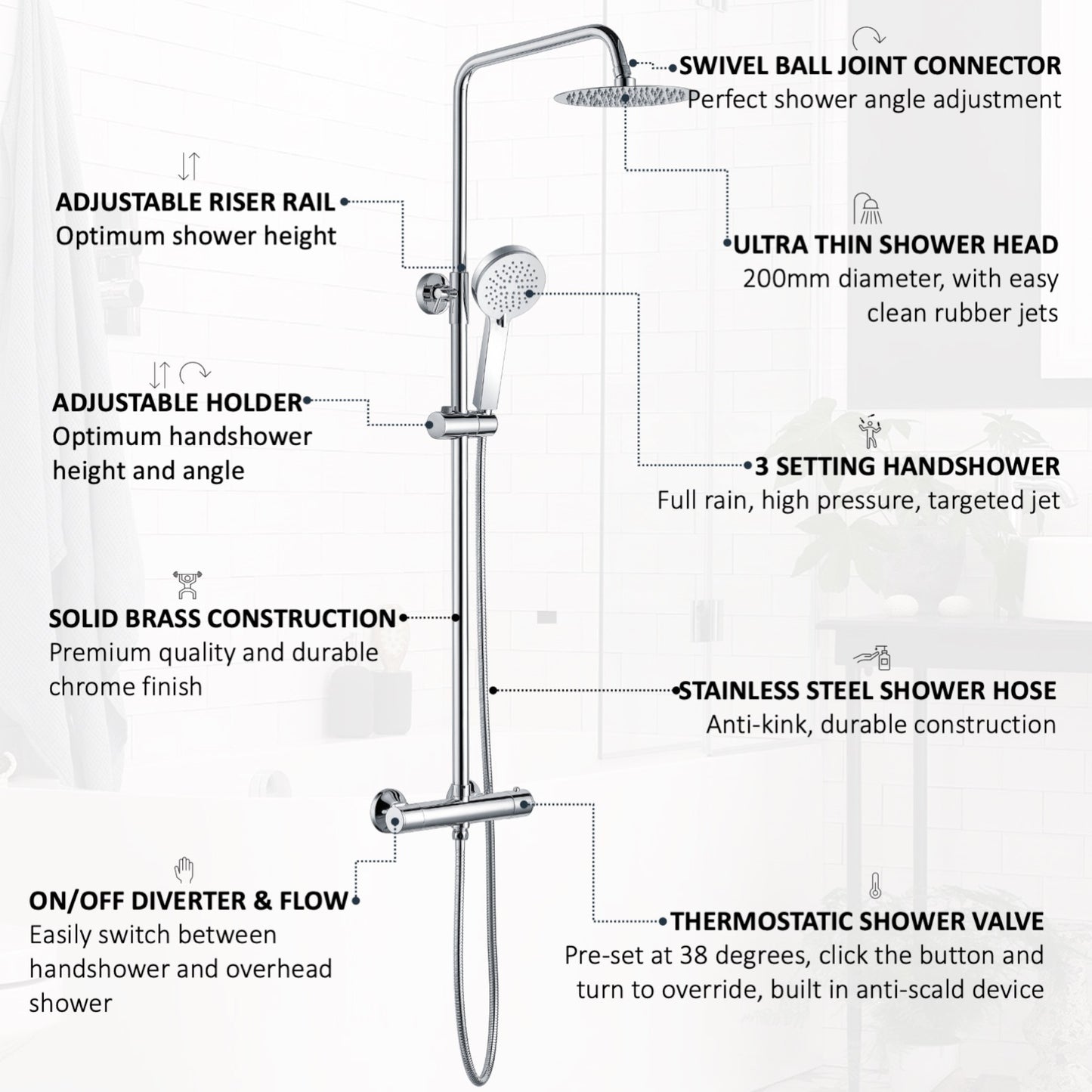 Dune round thermostatic shower set 200mm head & handheld - chrome