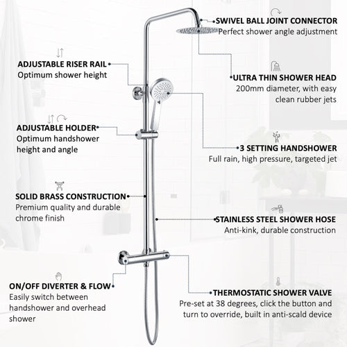Dune round thermostatic shower set 200mm head & handheld - chrome