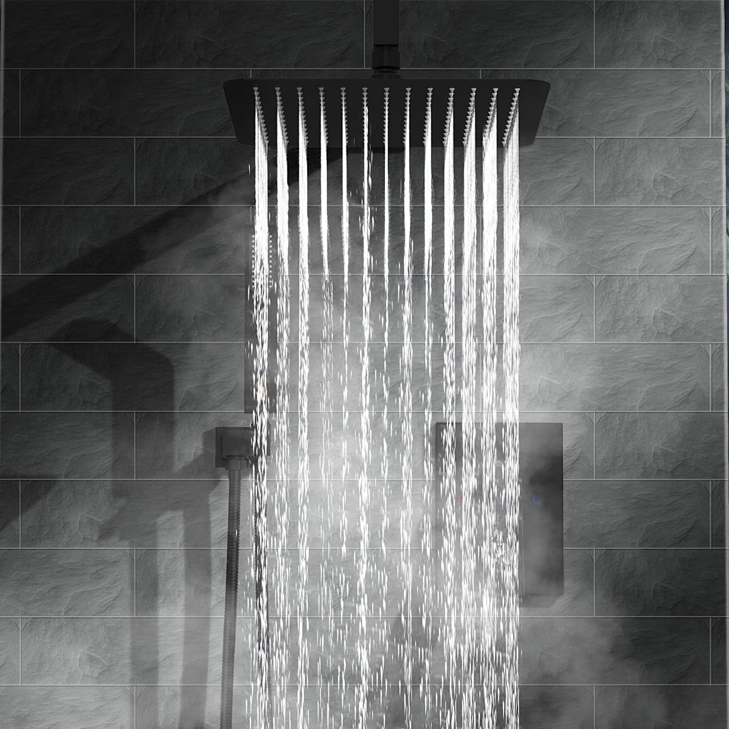 Spello Square Thermostatic Concealed Shower Set with Bath Filler, Wall Overhead Shower, Handset Kit - Black
