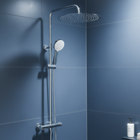 A modern wall-mounted rain shower system with a large round overhead shower head and a handheld shower wand on a chrome slide bar, installed against dark blue tiled walls.