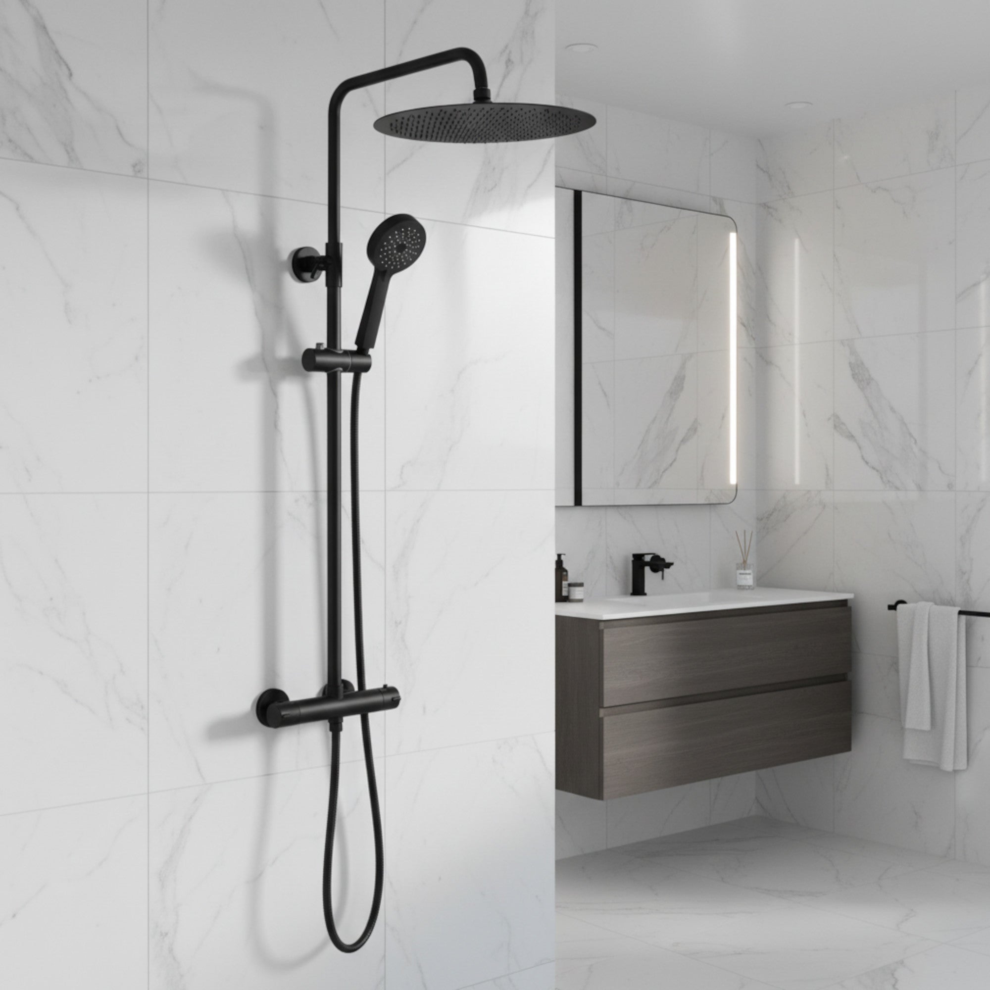 Dune round thermostatic shower set 400mm head & handheld - matt black