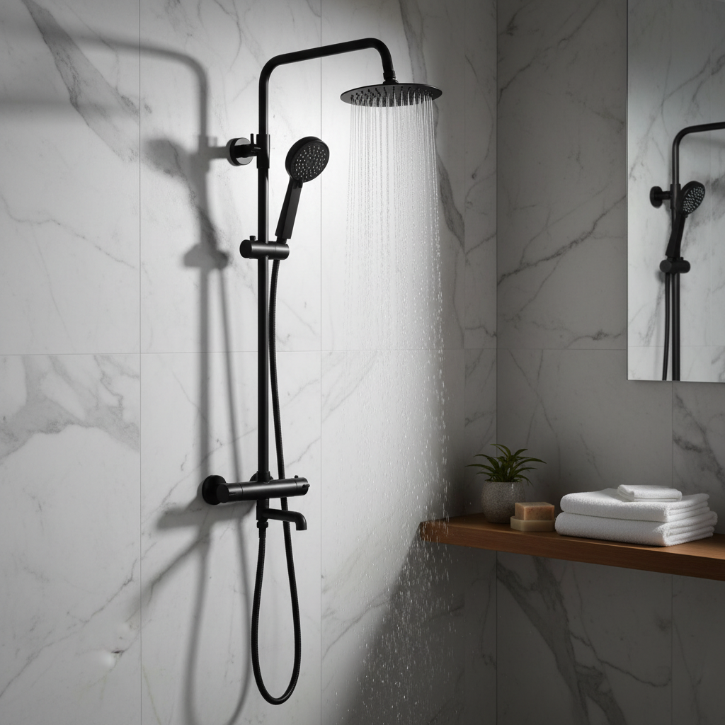 Dune thermostatic shower set 3 outlet, incl. bar shower valve, 200mm overhead shower, handset & bath filler - matt black
