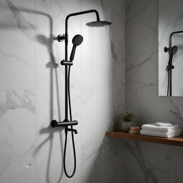 Dune thermostatic shower set 3 outlet, incl. bar shower valve, 200mm overhead shower, handset & bath filler - matt black