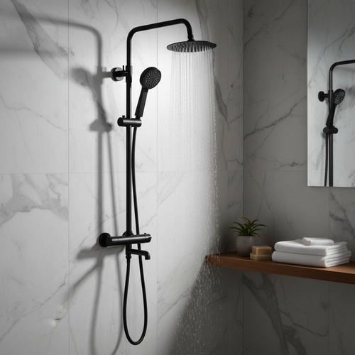 Dune thermostatic shower set 3 outlet, incl. bar shower valve, 200mm overhead shower, handset & bath filler - matt black
