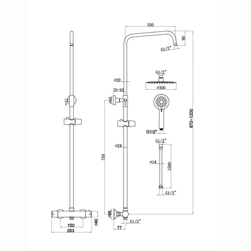 Dune round thermostatic shower set 200mm head & handheld - gunmetal grey