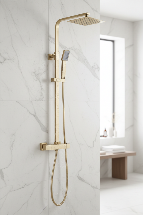 Enzo square thermostatic shower set two outlet with ultra slim 200mm shower head and handheld - brushed brass