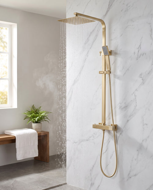 Enzo square thermostatic shower set two outlet with ultra slim 200mm shower head and handheld - brushed brass