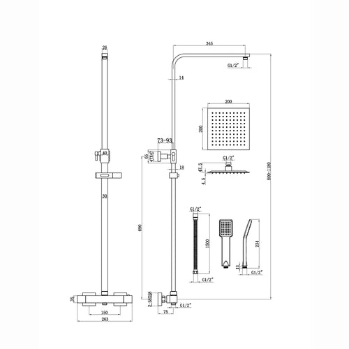 Enzo square thermostatic shower set two outlet with ultra slim 200mm shower head and handheld - brushed brass