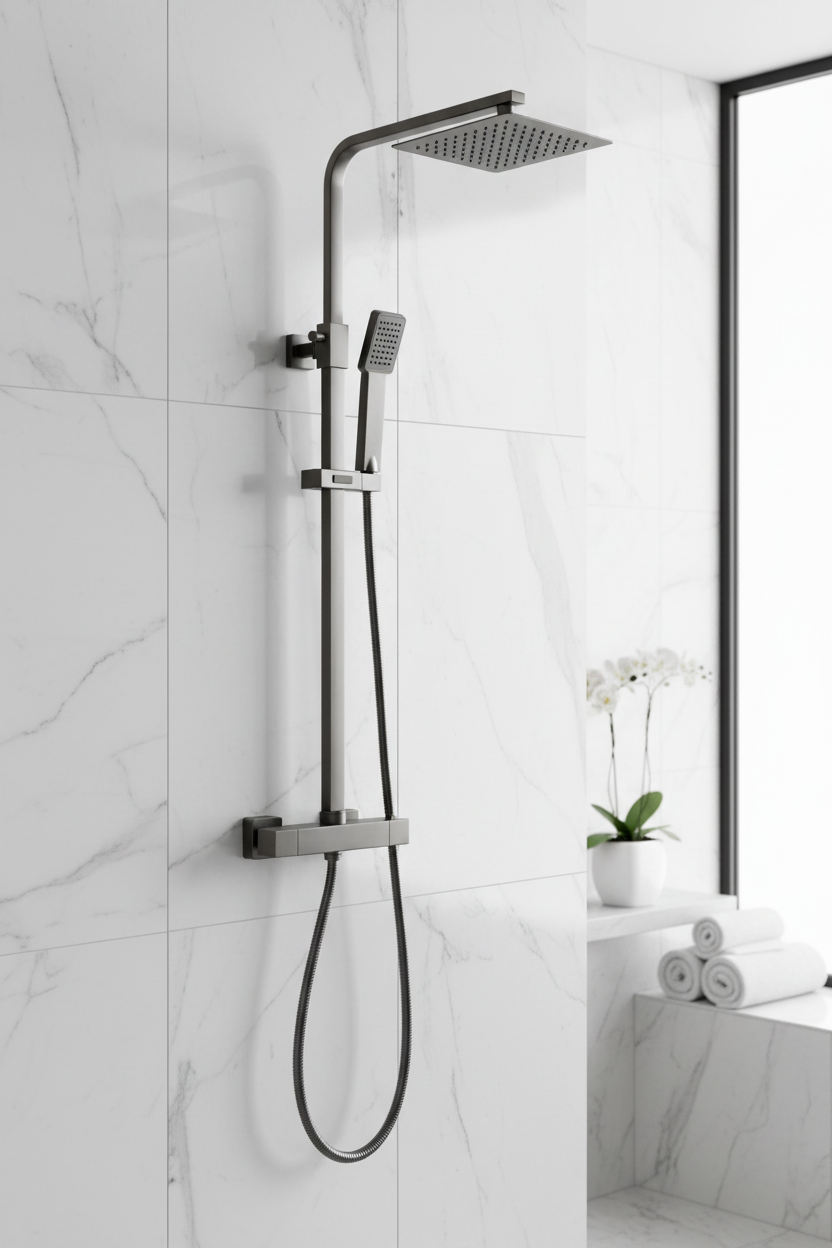 Enzo square thermostatic shower set two outlet with ultra slim 200mm shower head and handheld - gunmetal grey
