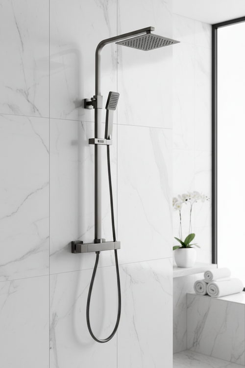 Enzo square thermostatic shower set two outlet with ultra slim 200mm shower head and handheld - gunmetal grey
