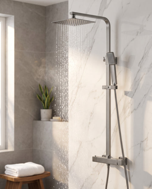 Enzo square thermostatic shower set two outlet with ultra slim 200mm shower head and handheld - gunmetal grey
