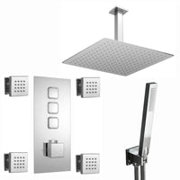 Milan Square Thermostatic Concealed Shower Set with Body Jets, Ceiling Overhead Shower, Handset Kit - Chrome