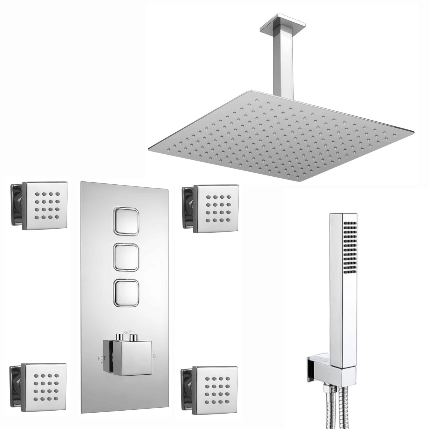 Spello Square Thermostatic Concealed Shower Set with Body Jets, Ceiling Overhead Shower, Handset Kit - Chrome