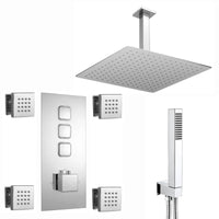 Spello Square Thermostatic Concealed Shower Set with Body Jets, Ceiling Overhead Shower, Handset Kit - Chrome