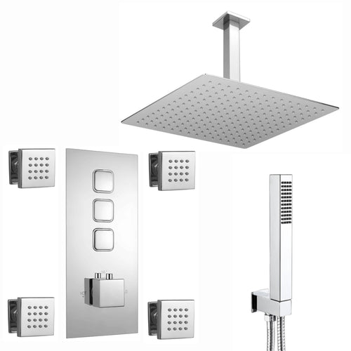 Spello Square Thermostatic Concealed Shower Set with Body Jets, Ceiling Overhead Shower, Handset Kit - Chrome