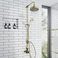 Downton Exposed Traditional Thermostatic Shower Set 2 Outlet Incl. Twin Shower Valve With Diverter, Rigid Riser Rail, 200mm Shower Head & Ceramic Handset - Antique Brass