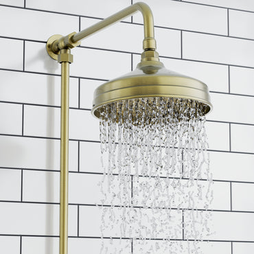 Downton Exposed Traditional Thermostatic Shower Set 2 Outlet Incl. Twin Shower Valve With Diverter, Rigid Riser Rail, 200mm Shower Head & Ceramic Handset - Antique Brass