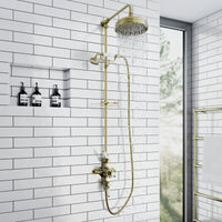 Downton Exposed Traditional Thermostatic Shower Set 2 Outlet, Incl. Triple Shower Valve, Rigid Riser Rail, 200mm Shower Head, Telephone Style Ceramic Handset & Caddy - Antique Brass