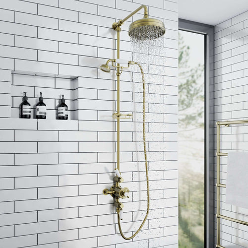 Buy Downton Exposed Traditional Thermostatic Shower Set 2 Outlet, Incl. Triple Shower Valve, Rigid Riser Rail, 200mm Shower Head, Telephone Style Ceramic Handset & Caddy - Antique Brass online UK
