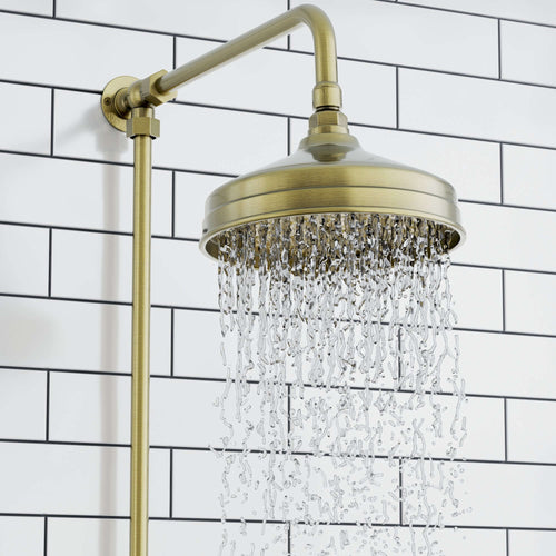 Buy Downton Exposed Traditional Thermostatic Shower Set 2 Outlet, Incl. Triple Shower Valve, Rigid Riser Rail, 200mm Shower Head, Telephone Style Ceramic Handset & Caddy - Antique Brass online UK