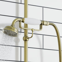 Downton Exposed Traditional Thermostatic Shower Set 2 Outlet, Incl. Triple Shower Valve, Rigid Riser Rail, 200mm Shower Head, Telephone Style Ceramic Handset & Caddy - Antique Brass