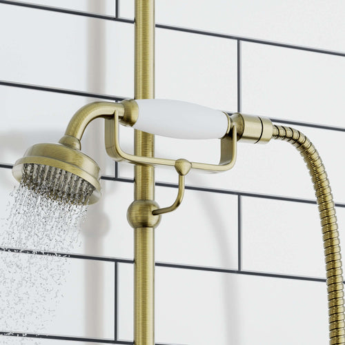 Buy Downton Exposed Traditional Thermostatic Shower Set 2 Outlet, Incl. Triple Shower Valve, Rigid Riser Rail, 200mm Shower Head, Telephone Style Ceramic Handset & Caddy - Antique Brass online UK