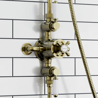 Downton Exposed Traditional Thermostatic Shower Set 2 Outlet, Incl. Triple Shower Valve, Rigid Riser Rail, 200mm Shower Head, Telephone Style Ceramic Handset & Caddy - Antique Brass