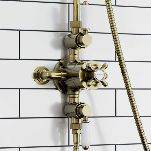 Buy Downton Exposed Traditional Thermostatic Shower Set 2 Outlet, Incl. Triple Shower Valve, Rigid Riser Rail, 200mm Shower Head, Telephone Style Ceramic Handset & Caddy - Antique Brass online UK