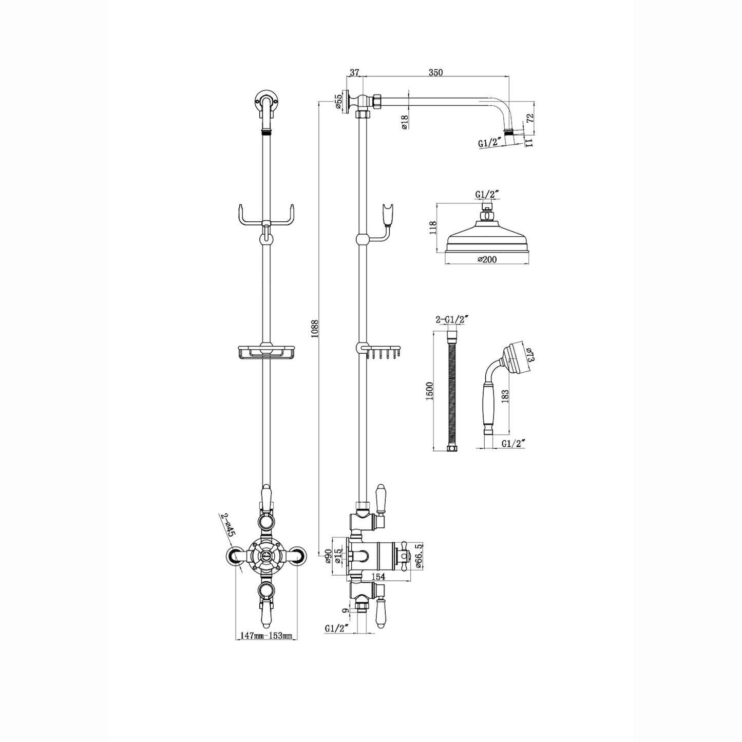 Downton Exposed Traditional Thermostatic Shower Set 2 Outlet, Incl. Triple Shower Valve, Rigid Riser Rail, 200mm Shower Head, Telephone Style Ceramic Handset & Caddy - Antique Brass