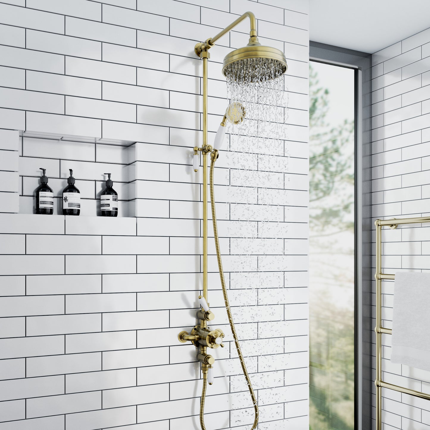 Downton Exposed Traditional Thermostatic Shower Set 2 Outlet, Incl. Triple Shower Valve, Rigid Riser Rail, 200mm Shower Head & Ceramic Handset - Antique Brass