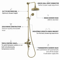 Downton Exposed Traditional Thermostatic Shower Set 2 Outlet, Incl. Triple Shower Valve, Rigid Riser Rail, 200mm Shower Head & Ceramic Handset - Antique Brass