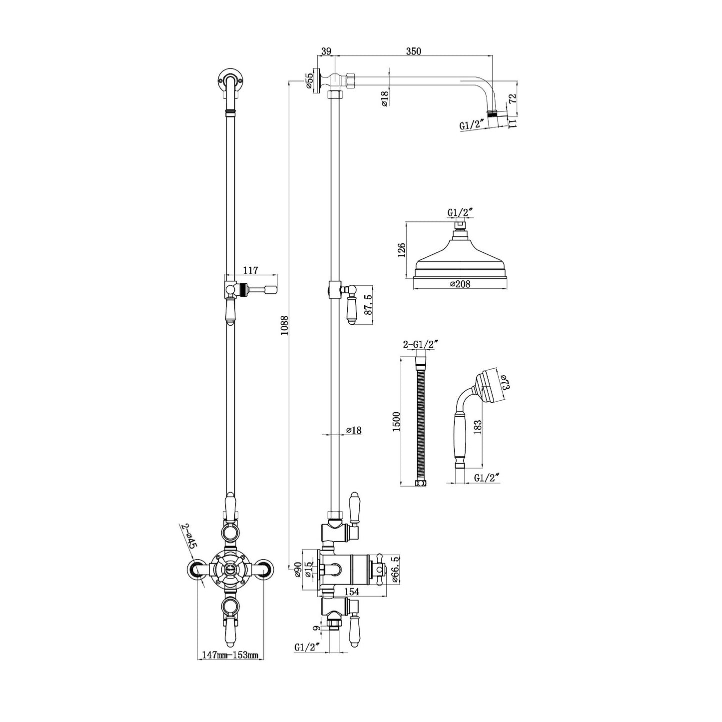 Downton Exposed Traditional Thermostatic Shower Set 2 Outlet, Incl. Triple Shower Valve, Rigid Riser Rail, 200mm Shower Head & Ceramic Handset - Antique Brass