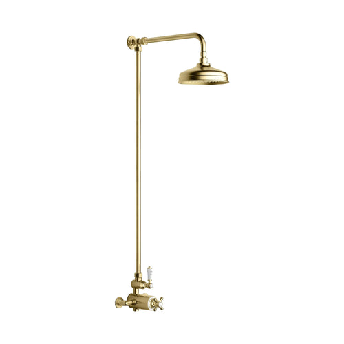 Buy Windsor traditional thermostatic shower set single outlet incl. angled riser rail, rain shower head 200mm - brushed brass online UK