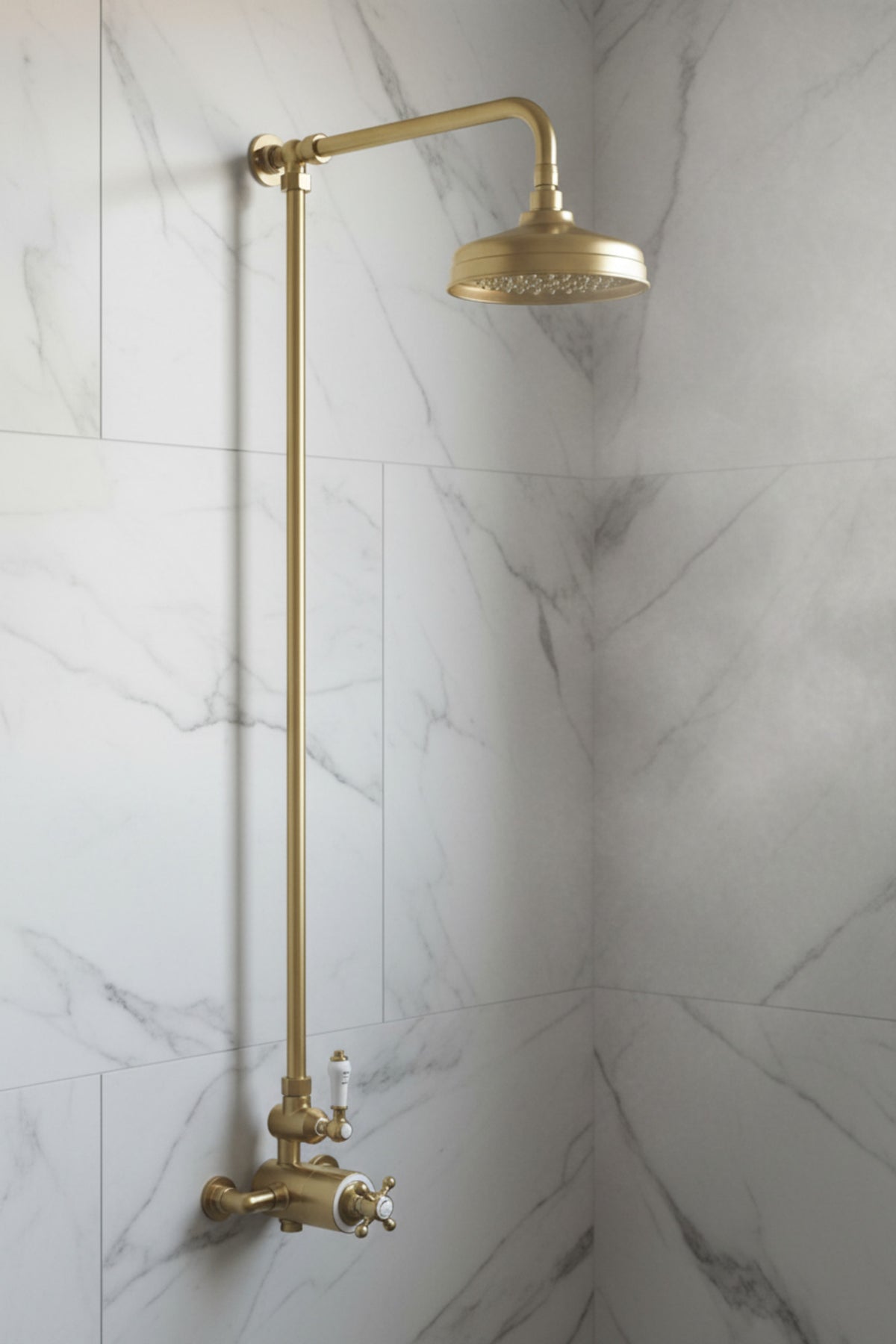 Windsor traditional thermostatic shower set single outlet incl. angled riser rail, rain shower head 200mm - brushed brass