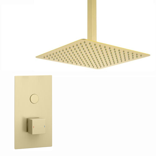 Spello Square Thermostatic Concealed Shower Set with Ceiling Mounted Shower - Brushed Brass