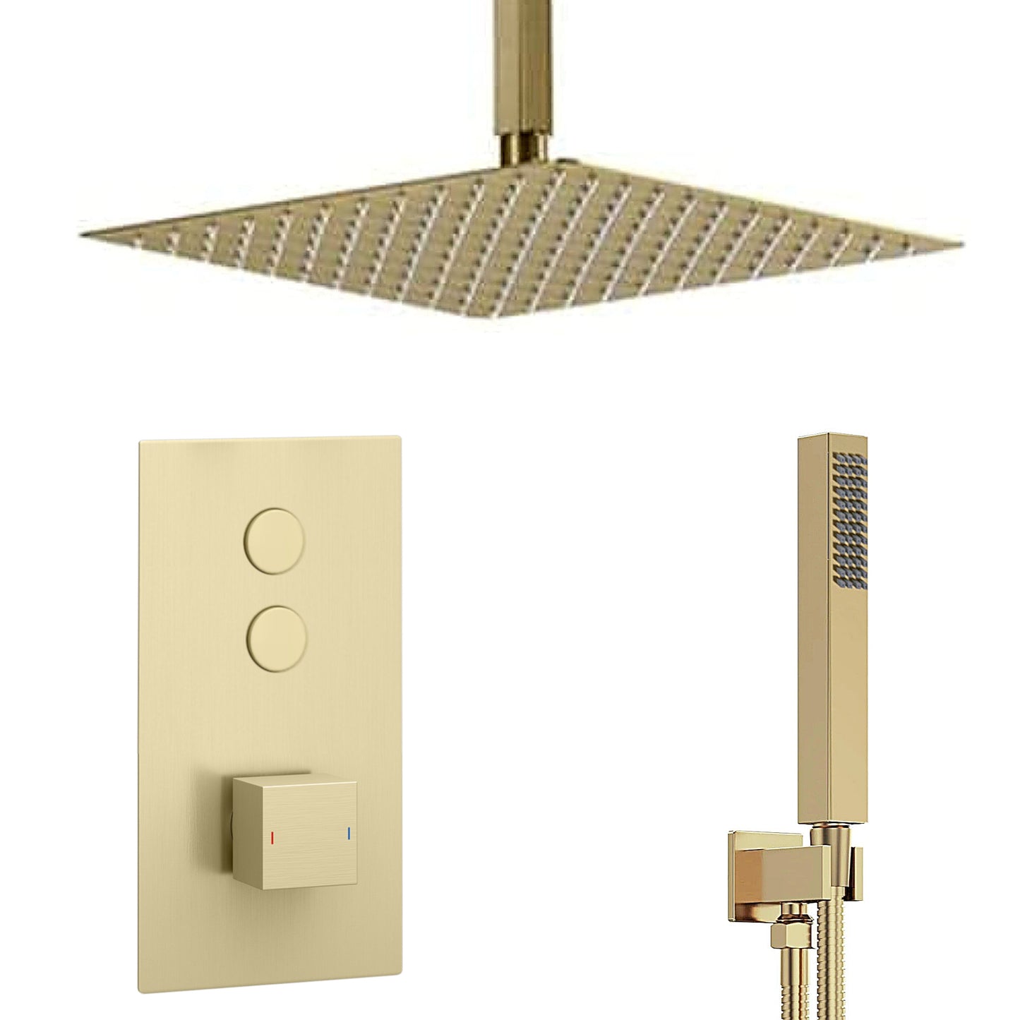 Spello Square Thermostatic Concealed Shower Set with Ceiling Mounted Shower & Handset Kit - Brushed Brass