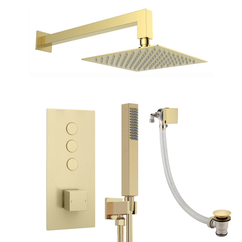 Spello Square Thermostatic Concealed Shower Set with Bath Filler, Wall Overhead Shower, Handset Kit - Brushed Brass