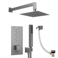 Spello Square Thermostatic Concealed Shower Set with Bath Filler, Wall Overhead Shower, Handset Kit - Gunmetal Grey