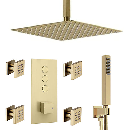 Spello Square Thermostatic Concealed Shower Set with Body Jets, Ceiling Overhead Shower, Handset Kit - Brushed Brass