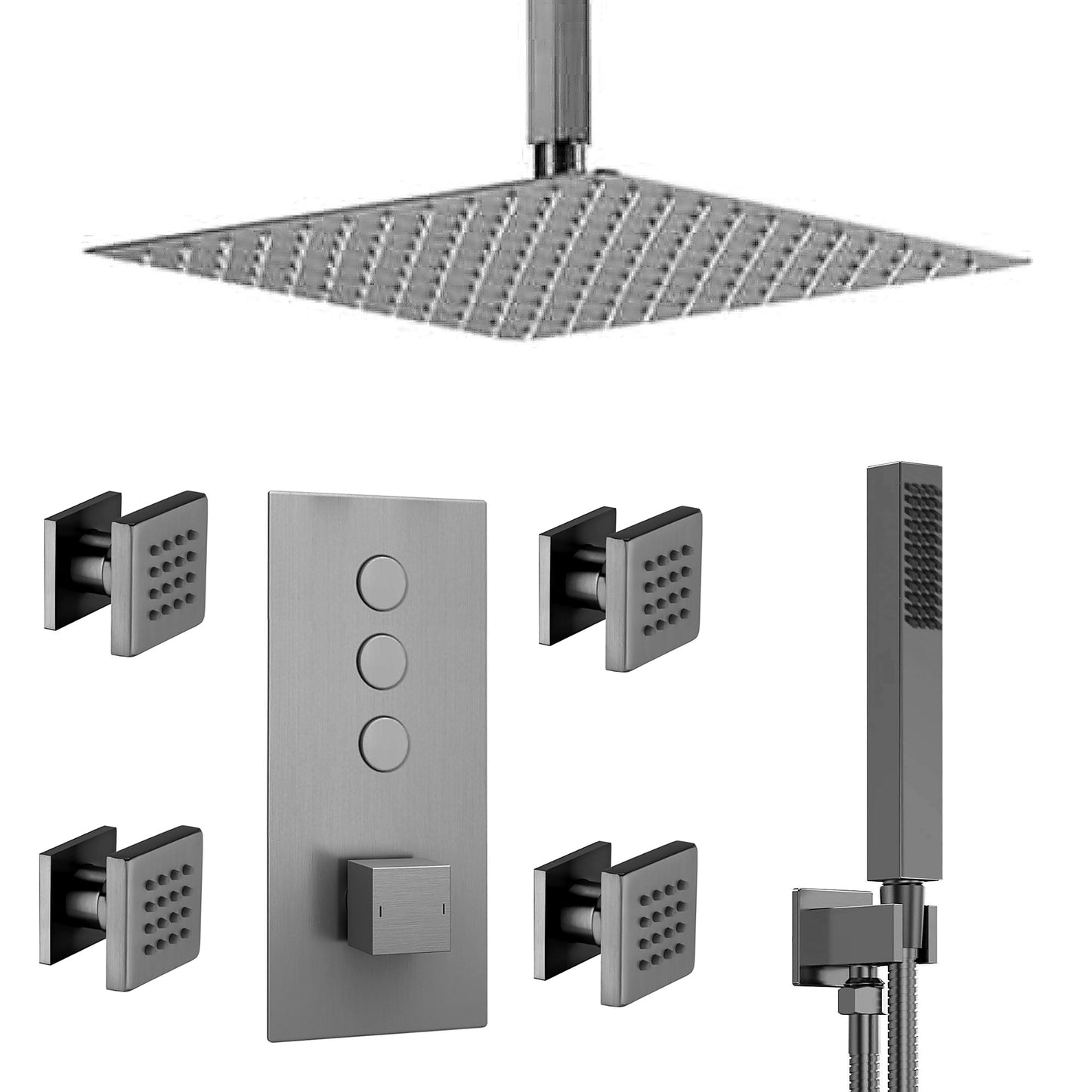 Spello Square Thermostatic Concealed Shower Set with Body Jets, Ceiling Overhead Shower, Handset Kit - Gunmetal Grey